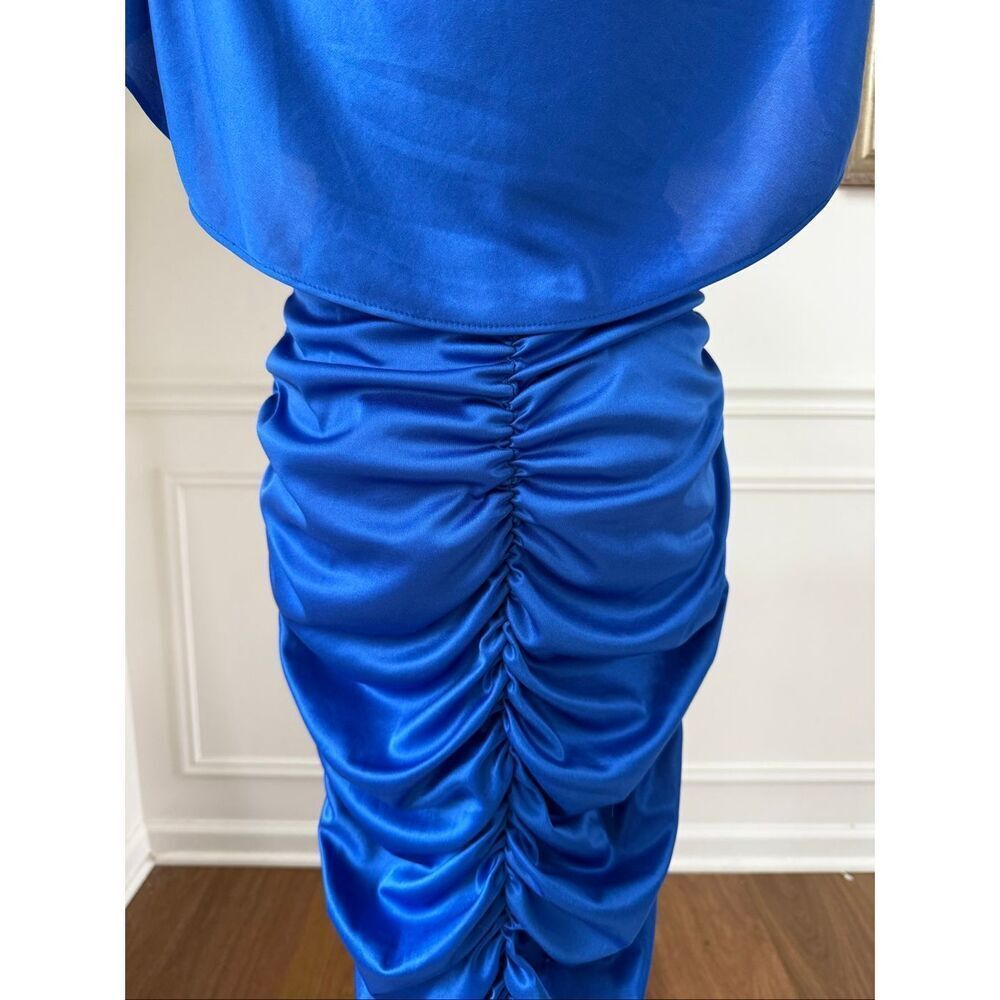 Vintage 80s Mayven’s of California Cobalt Blue Rocker Chic Ruched Midi Dress M - Picture 6 of 7